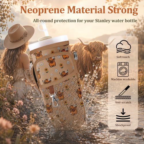 Stanley Water Bottle Bag with Adsjust Strap for 30/40 Oz Tumbler, Water Bottle Carrier with 3 Pockets, Cleaning Brush & Straw Cover, Stanley Cup Carrier Bag for Walking, Gym,Travel, Yoga - color: Daisy Highland Cow