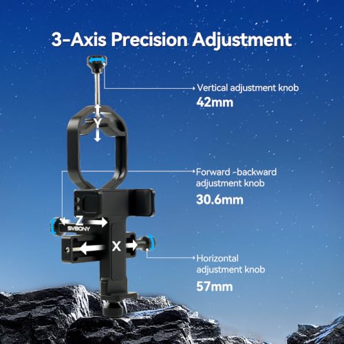 SVBONY SV214 Pro Telescope Phone Mount 3 Axis, Telescope Phone Adapter | for 28-48mm Eyepiece, Spotting Scope Binoculars, Telescope Mount with Remote Control, Aluminum Alloy Material - size: Support 28 to 48mm