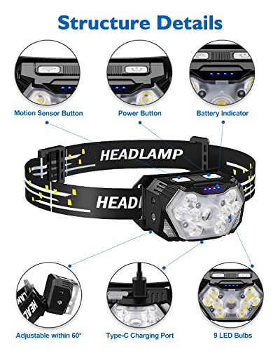 2000LM Ultra Bright 9 LED Headlamp, USB C Rechargeable Headlight, 10 Modes, Waterproof Motion Sensor Head Lamp Flashlight with White Red Light, Adjustable Headband for Adults Outdoor Hiking - color: Rechargeable, size: 1-Pack