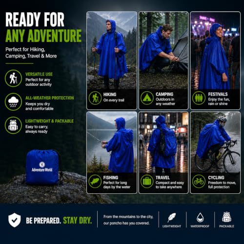 Adventure World Globotrekker Backpack Poncho Lightweight Waterproof Rain Poncho for Hiking, Camping, Travel & Outdoor Use - color: Sapphire Blue