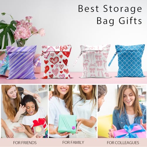 Wet Bag, 4Pcs Wet Dry Bag Set, Reusable Waterproof Bags with Purple Diagonal, Bow, Heart & Blue Diamond Lattice Prints for Women, Suitable for Beach Trips & Daily Organizing - color: Stripe & Bow & Heart & Plaid