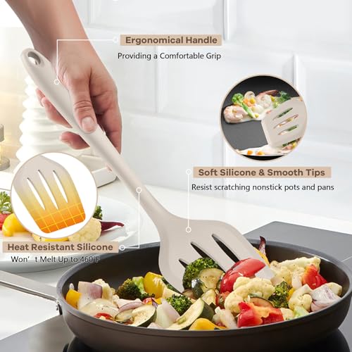 TeamFar Silicone Cooking Utensils, 10 pcs Kitchen Cooking Utensils Set | Heat Resistant Kitchen Gadgets Tools Set w/Spatula, Turners, Spoons, Soup Ladle, Pasta Server for Nonstick Cookware, Khaki - color: Khaki