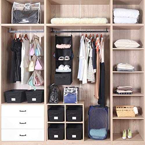 MAX Houser 4-Shelf Hanging Closet Organizer, Space Saver, Cloth Hanging Shelves with 2 Side Pockets, Foldable (Black) | Foldable Fabric Hanging Shelves for Closet, Cloth Hanging Shelves with 2 sturdy hanging hooks, Small Space Saver - color: Black-1