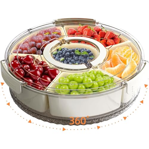 Divided Serving Tray with Lid and Handle, Portable Snackle Box Container for Fruits Snacks Charcuterie Organizer, Spinning Rounded Veggie Tray for Kitchen, Party, Travel and Picnic - size: 6 Compartments