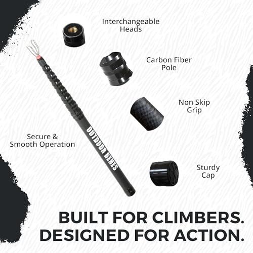 Extendable Climbing Stick Clip Pole with Carabiner, 125 in | Carbon Fiber Construction, 125 in Extendable Reach, 25 in Folded Length, 3 Stainless Steel Adapters, 545 g Lightweight