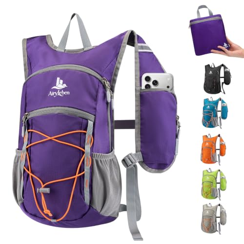 14L Small Hiking Backpack, Packable Travel Daypack for Men Women | Lightweight, Quick-Access Phone Pocket, Breathable, Water Resistant, Adjustable Straps, Emergency Whistle, Commuting Cycling - color: Purple