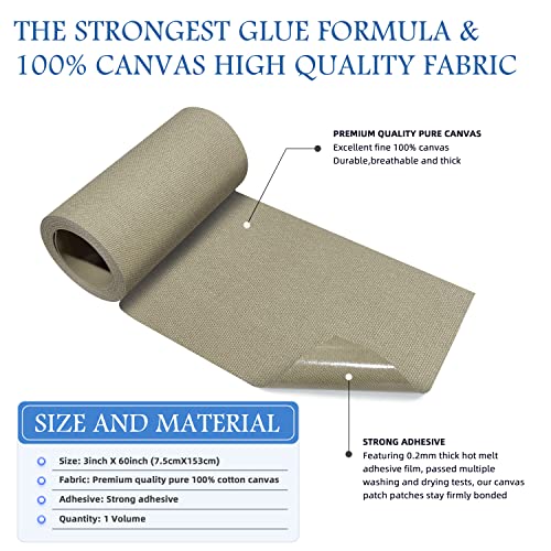 Canvas Iron on Patch,3"×60",Waterproof 100% Cotton Fabric Repair Patch,Used for Various Sofa,Tent,Clothes,Seats,Suitcases (Khaki) - color: Khaki, size: Canvas-3"x60"