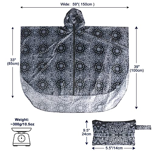ANYOO Waterproof Rain Poncho Lightweight Reusable Hiking Hooded Coat Jacket for Outdoor Activities - color: Black Flower