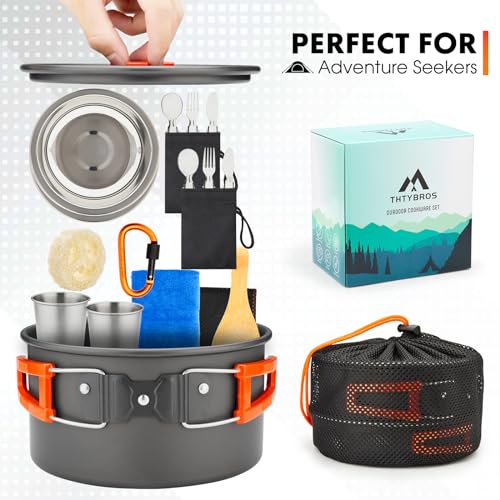 THTYBROS 17pcs Camping Cookware Mess Kit,for Camping,Backpacking,Picnic | 0.45Gal Pot,7inches Pan,0.30Gal Kettle Set with 2 set Stainless Steel Cups Plates Forks Knives Spoons,Pots, Pans & Griddles