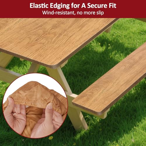 6ft 72in Picnic Table and Bench Cover, 3 Pack, Wood Grain | Drawstring Bag, Waterproof Windproof, Elastic Fitted Edges Tablecloth, for Rectangle Table & Seat, Camping Essentials RV Gear - color: Wood Grain, size: 72"