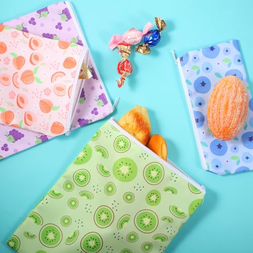 Paterr 4 Pcs Reusable Snack Bags for Kids, Washable Sandwich Bags,Fruit | Food Safe, Reusable Design, Zip Closure, Washable, Sandwich Storage, Snack Storage, Lunch, Kids, School, Travel, Picnic - style: Fruit