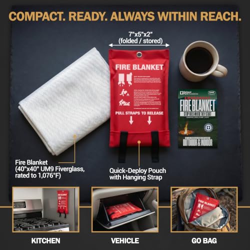 Emergency Fire Blanket, 40x40 UM9 Fiberglass, Rated to 1076°F, 2-Pack - color: Fiberglass
