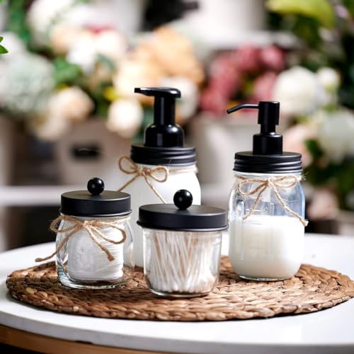 Amolliar Mason Jar Liquid Soap Dispenser Lid, Lotion Soap Pump Black 4 Pack | Stainless Steel Soap Pump 16oz Regular Mouth Jar, Farmhouse Decor, Hand Soap, Dish Soap, Lotion Soap Lid, Extra 2 Long Tubes - color: Black, size: 4 Pack