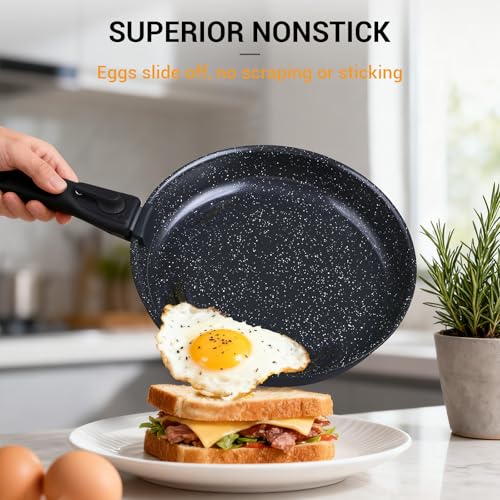 Ammeloo 21-Piece Ceramic Pots and Pans Set Non Stick with Detachable Handles and Egg Frying Pan, Non-Toxic Cookware, Induction Ready, Oven Safe, Stackable for Storage, Black Speckled - color: Egg Pan Set