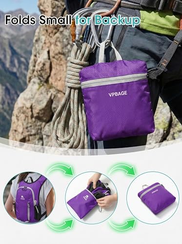 Foldable Small Hiking Backpack with 3 Strap Pockets – Lightweight 300D Spill-proof Daypack for Men Women – Packable Small Travel Backpack with Chest Strap & Trekking Pole Holder – Durable Outdoor Bag - color: Purple