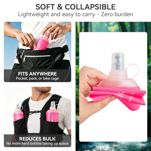 2 Pack 500ml Soft Flask, Shrink As You Drink Collapsible Water Bottles for Running Vest & Hydration Pack, BPA-Free Leak-Proof TPU Folding Bottle for Hiking Cycling Climbing Jogging-Pink - color: Pink