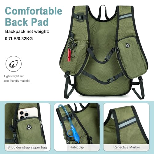 BOVIP Lightweight Hydration Back,15L Multipurpose Hiking Backpack with 1.5L Water Bladder ,Hydro Water Daypack for Cycling Hiking Rave for Men Women - size: Green