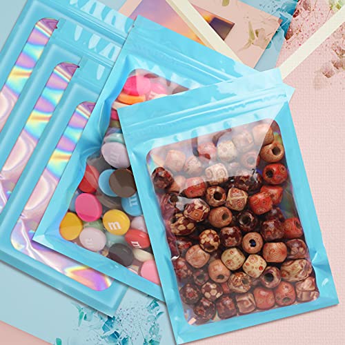 Funfery 100pcs Mylar Holographic Bags-Resealable Zipper&Clear Window (Blue, 4.3 x 7.5 Inch) - color: Blue, size: 4.3 x 7.5 Inch