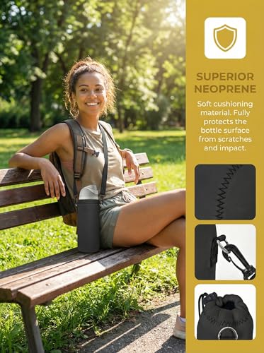 RICHEN Neoprene Water Bottle Carrier Bag with Adjustable Shoulder Strap,Insulated Water Bottle Cover for Stainless Steel/Glass/Plastic Bottles - color: Charcoal Black, size: 500ml