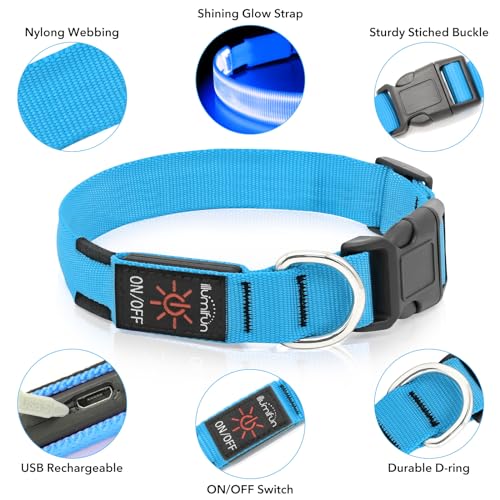 Illumifun LED Dog Collar, USB Rechargeable Light Up Dog Collar, Adjustable Pet Safety Light Glow in the Dark (Blue, Medium) - color: Blue, size: Medium