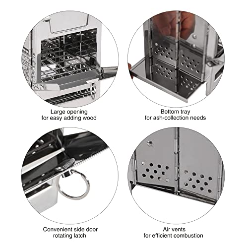 Portable Folding Camping Wood Stove for Outdoor Cooking, Sturdy Lightweight 304 Stainless Steel Wood Burning Camp Stove with Grill for Backpacking BBQ Small/Large (Small Grid and Pot Stand) - size: Small with Grid and Pot Stand
