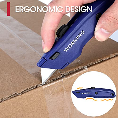 WORKPRO Premium Utility Knife, Retractable All Metal Heavy Duty Box Cutter, Quick Change Blade Razor Knife, with 10 Extra Blades - color: Blue