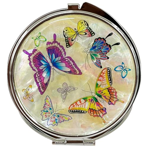 Portable Makeup Compact Double Magnifying Mirror Cosmestic Foldable Pocket Style Unique Mother of Pearl Design (Butterfly) - color: Butterfly