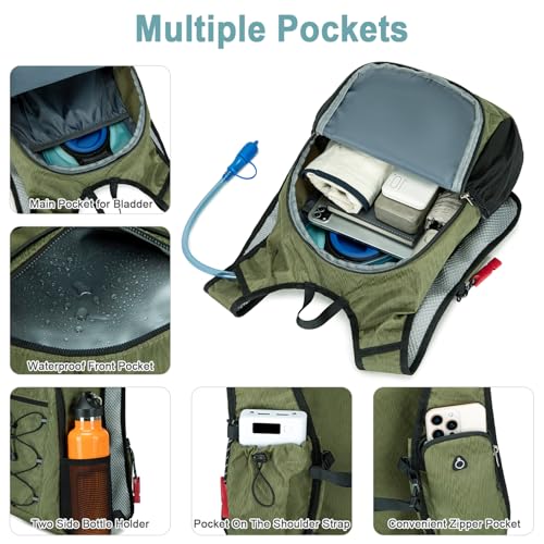BOVIP Lightweight Hydration Back,15L Multipurpose Hiking Backpack with 1.5L Water Bladder ,Hydro Water Daypack for Cycling Hiking Rave for Men Women - size: Green
