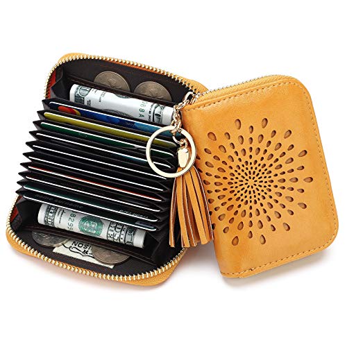 APHISON RFID Credit Card Holder Zipper Card Case Keychain Small Wallet for Women 1927 DARK-YELLOW - color: A-DARK-YELLOW（single zip）