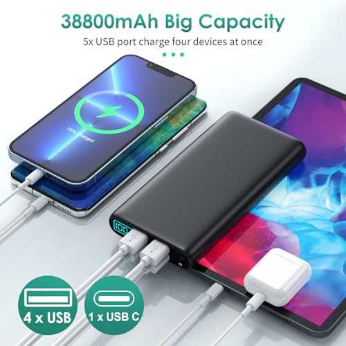 Portable Charger 38800mAh Power Bank with 5 Outputs & 2 Inputs,PD USB C In&Out Fast Phone Charging External Battery Pack Backup,Travel Essential Outdoor for iPhone 17/16/15,Android Samsung Galaxy etc - color: Black