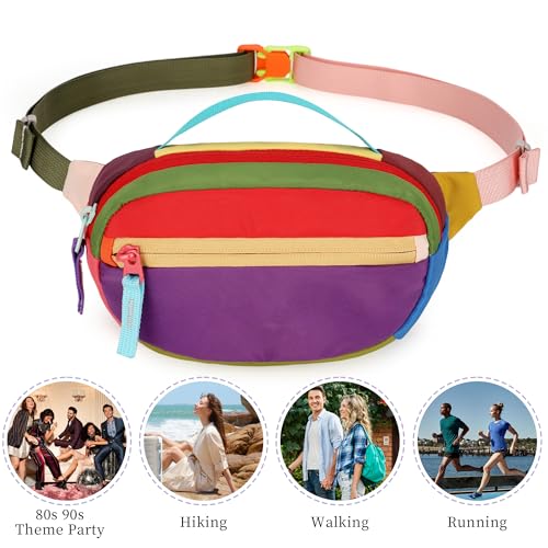 Retro Fanny Pack for Women Men Hiking Waist Packs 2 Pockets Color-blocking Belt Bags for Festival 80s 90s Theme Party Running Traveling (Purple) - color: Purple