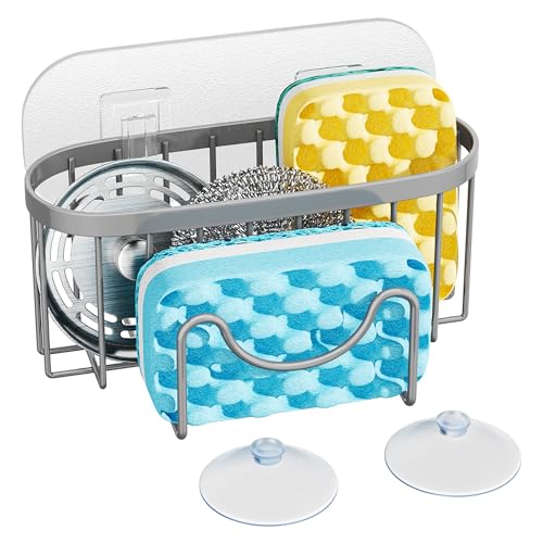 HapiRm Sponge Holder for Kitchen Sink - Sink Caddy with Unique M-Shaped, 2 Installation Methods Kitchen Organizer, Rustproof Stainless Steel Sponge Caddy - Grey - color: Grey, size: with M-shaped Holder