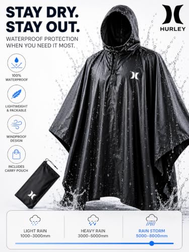Hurley Ponchos Adult Rain Ponchos Waterproof Lightweight Packable Rain Top | Compact Packable Design for Hiking, Camping and Emergencies, Waterproof Coverage That Stows Easily in a Bag - color: Black