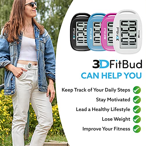 3DFitBud Simple Step Counter Walking 3D Pedometer by 3DActive with Clip, Lanyard Accurate Step Tracker Large Display, Easy to Use for Kids Men Women Adult Seniors Daily Step Tracking - A420S - color: White