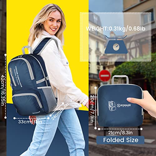 ZOMAKE Lightweight Packable Backpack, 35L Foldable Daypack (Navy Blue) | Light Hiking Backpacks Water Resistant Collapsible Day Pack for Travel, Everyday Carry, Multi-Pocket Layout, Heavy Duty Nylon - color: Navy Blue, size: 35L