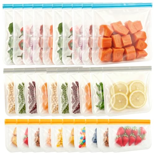 30 PCS Reusable Freezer Bags Washable, BPA Free Leakproof Food Storage Bags for Fruit, Meal Prep, Freezing Meat- 10 Gallon 10 Sandwich 10 Snack
