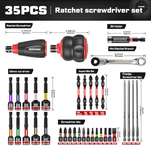 Geinxurn 35Pieces Impact Magnetic Screwdriver Set Include Stubby 2in1 Rachet Screwdriver Handle, Dual End Ratchet Socket Wrench, Bit Holder and Nut Driver for Repair & Outdoor Work - style: 35pcs