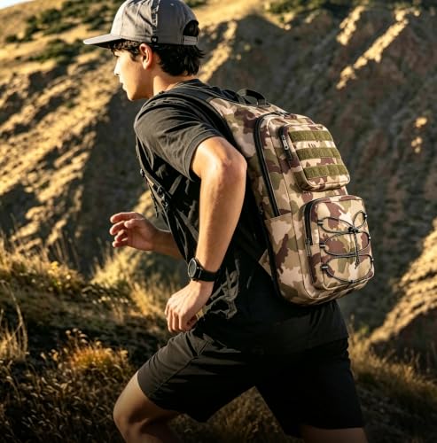 Hydration Backpack, Tactical Molle Water with 3L TPU Water Bladder | Lightweight Military Hydration Daypack for Hiking, Running, Cycling, Climbing, Biking, 105 oz, Breathable Back Panel - color: Khaki Camouflage