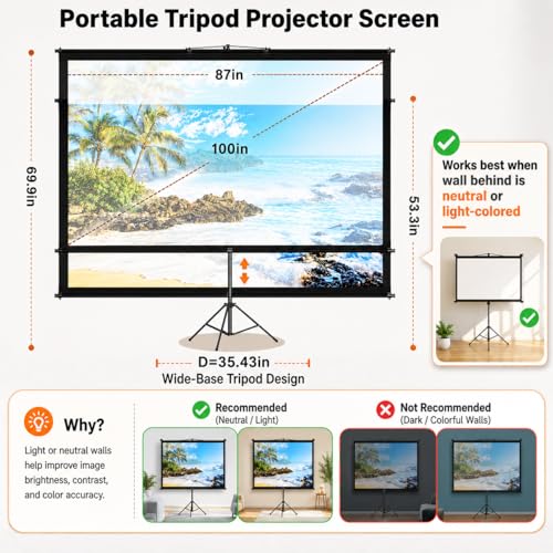Projector Screen with Tripod Stand, Easy Setup Indoor Movie Screen, Lightweight Foldable Projection Screen for Camping, Home Theater, 100in, 16:9 4K - size: 100inch