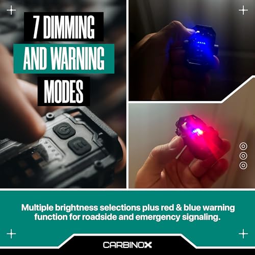 CARBINOX Flashlight Mini, 300 Lumens Rechargeable LED+COB Light, Dual Independent Switches, 7 Modes w/Red-Blue Warning, USB-C Fast Charging, Cap-Clip Hands-Free Use