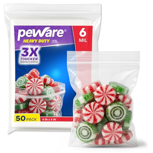 Heavy Duty Zip Seal Lock Bags, 4"x4" Extra Thick Storage Bags, 50 Pack | Small, Waterproof, Reusable Clear Poly Plastic Baggies, Resealable Zipper, for Tools, Parts, Hardware, Jewelry, Food & Snacks - size: 4"x4"