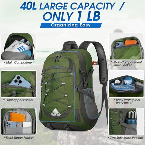 IGOLUMON Hiking Backpack 40L Packable Lightweight Camping Daypack Men Women | Multi-compartment storage Water-resistant Foldable Nylon Material Hiking Day pack for Camping Cycling Outdoor - color: Army Green