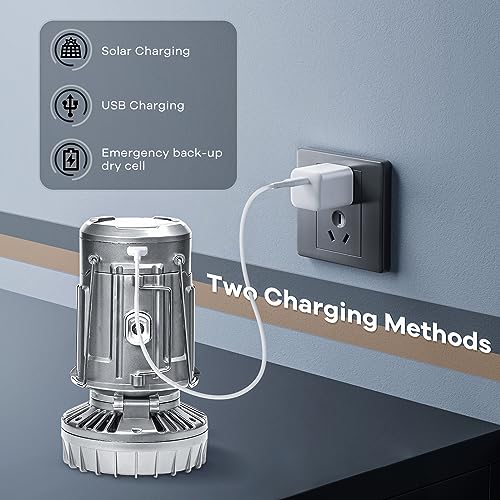 Solar Camping Lantern with Fan & Phone Charger, Portable Rechargeable Power for Hurricanes, Emergency, Power Outage and Camping Gear, Silver - style: Modern