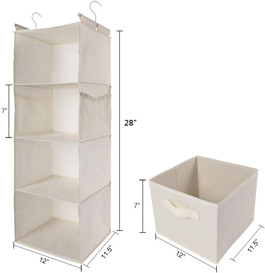 MAX Houser 4-Shelf Hanging Closet Organizer, Space Saver, Cloth Hanging Shelves with 2 Side Pockets, Foldable (Beige) | Foldable Fabric Hanging Shelves for Closet, Cloth Hanging Shelves with 2 sturdy hanging hooks, Small Space Saver - color: Beige-2