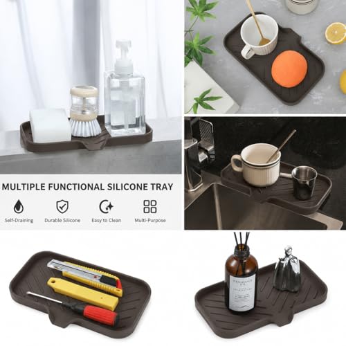 MicoYang Silicone Soap Dish with Drain Spout — Self-Draining Sink Organizer Tray for Bathroom & Kitchen, Sponges, Dispensers & Soap Holder, Non-Slip & Dishwasher Safe, Coffee (Medium, 9.6"×5.3") - color: Coffee, size: M(9.6"×5.3")