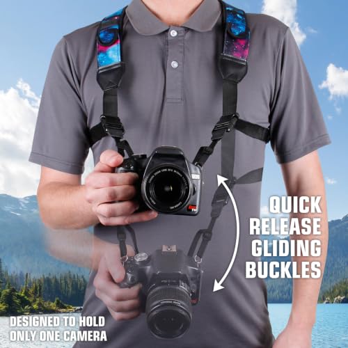 USA Gear DSLR Camera Strap Chest Harness with Quick Release Buckles, Galaxy Neoprene Pattern and Accessory Pockets - Compatible with Canon, Nikon, Sony and More Point and Shoot and Mirrorless Cameras - color: Galaxy