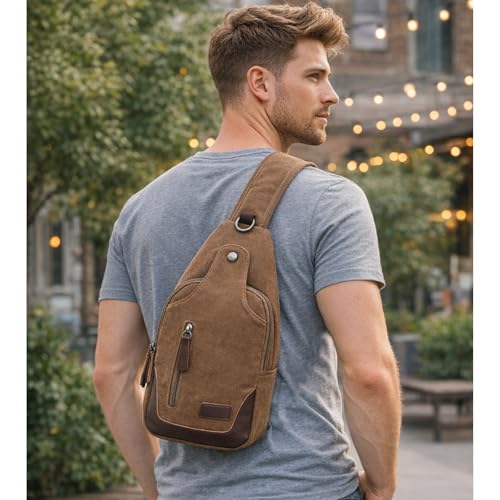 Canvas Sling Bag for Men Crossbody Chest Bag Casual Daypack Rucksack Small Crossbody Backpack with Adjustable Strap - color: Black