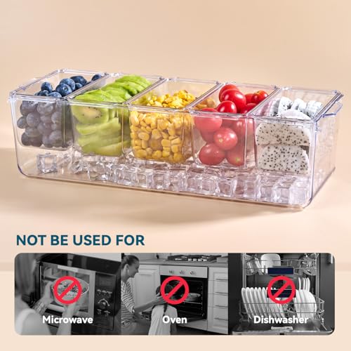 Chilled Garnish Tray with 5 Small Removable Containers and Compartments | Ice Chilled Condiment Organizer Server, Clear Garnish Serving Platter for Fruit, Salad, Food, Outdoor Events, Picnics - size: 1 Pack