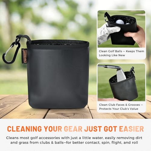 Tecoom Golf Ball Cleaner Pouch, Golf Club Cleaning Bag with 3-Layer Waterproof Clean Face Techy, PU Leather Exterior, Portable Club Grooves Washer, Detachable Clip - size: 5.9"×5"×2.4"-Pack of 1