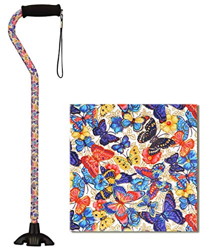 Nova Joy Designer Offset Quad Cane for Seniors - Unisex Adjustable Lightweight Walking Aid with Foam Handle, Wrist Strap and Anti-Rattle Lock - Essential Mobility Support - Butterfly Symphony - color: Butterfly Symphony